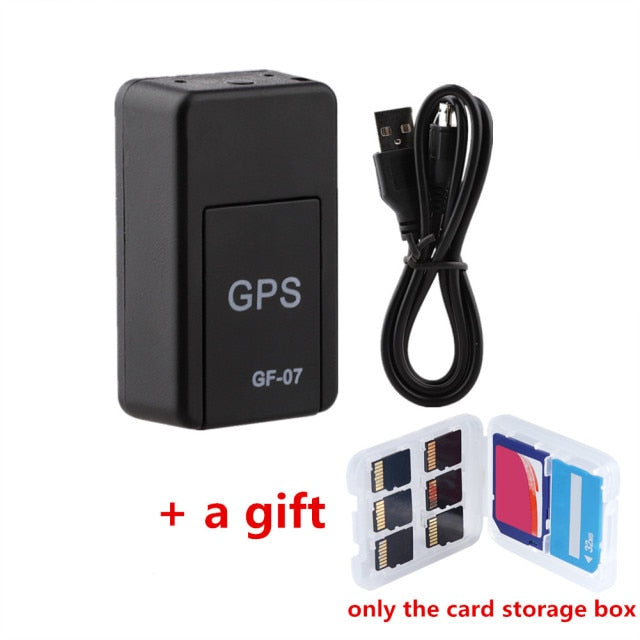 mini gps tracker, charger and memory card storage box