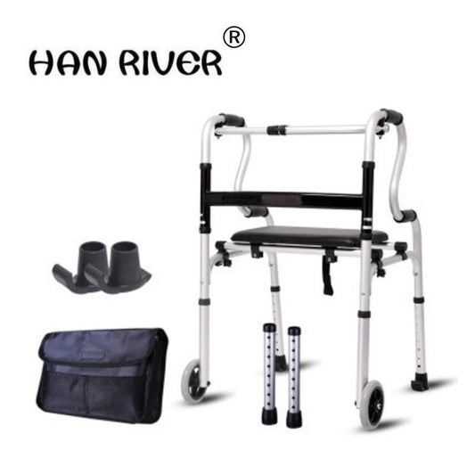walker with wheels on the front two legs. It comes with two normal feet components with two black shoes for those pieces. Black bag to hold those parts