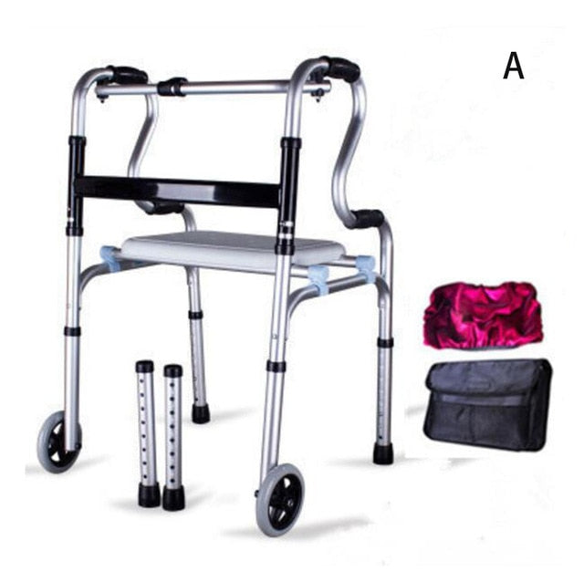 walker with wheels on the front two legs. It comes with two normal feet. Black bag to hold those parts
