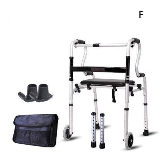 walker with wheels on the front two legs. It comes with two normal feet components with two black shoes for those pieces. Black bag to hold those parts