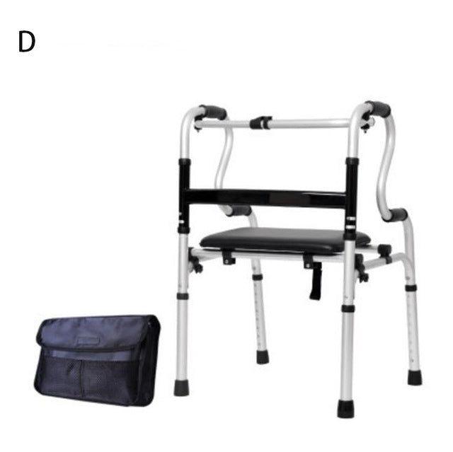 walker with a black seat. There is also a black bag