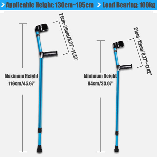 two crutches showing the minimum height (84cm/33.07 inches) and maximum height (116cm/45.67 inches). Information on applicable height (130cm to 195cm) and load bearing (100kg)