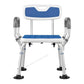 blue and white shower chair with suction cup feet and arm rests