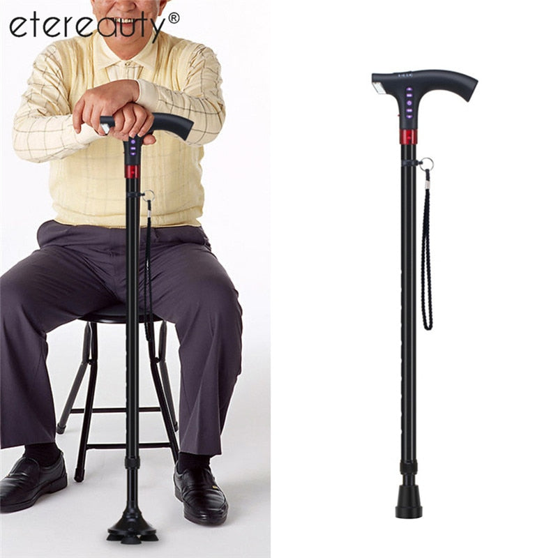 left image contains a person sitting on a stool with the smart cane placed in front of them with the tripod feet. Right image is the smart cane with a flat handle slightly curved downward, no tripod foot